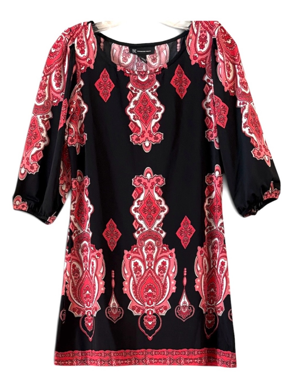 INC International Concepts Paisley Mini Dress Tunic Blouse Black Red S